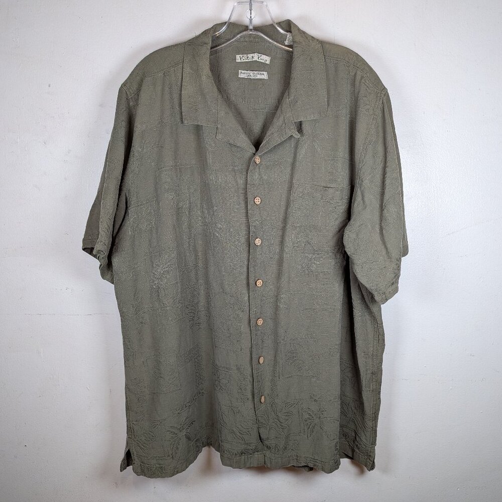 Batik Bay Men's Shirt 2XLT Olive GREEN 100% Silk Jacquard Palms Hawaiian